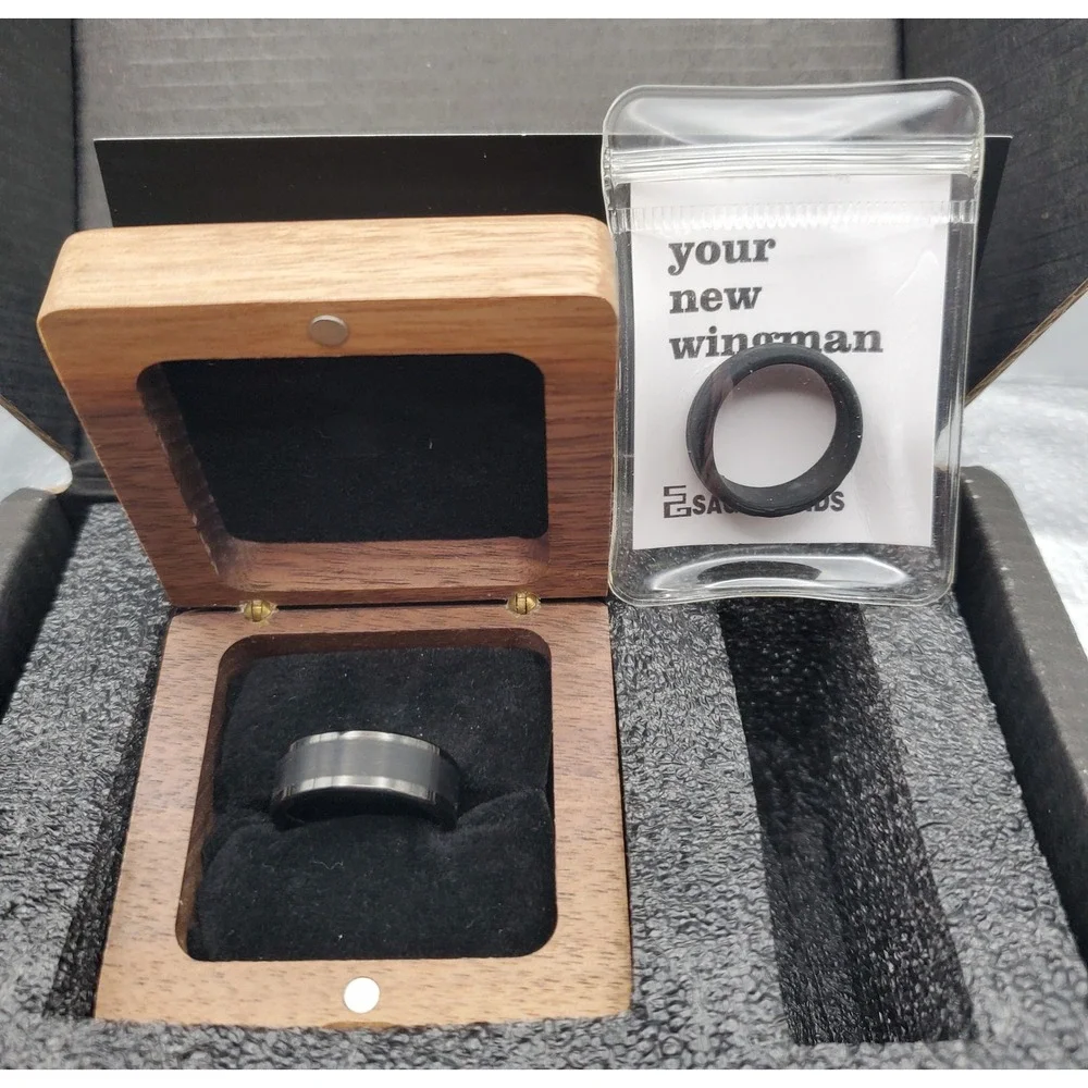 Saga Bands The Record Producer Black Tungsten Ring Mens Wedding Band Size 6 8mm